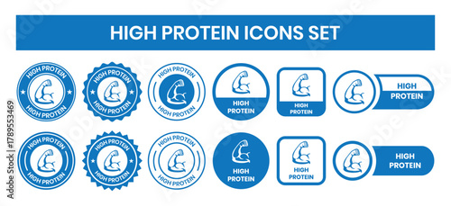high protein food label emblem flat color vector illustration template design. high protein sign, logo, badge, icon, sticker, label, emblem, stamp, symbol, black, line, flat vector.