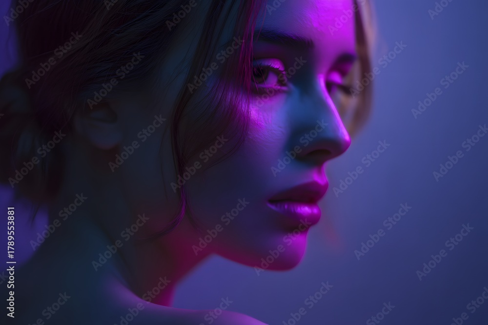 Naklejka premium Portrait of a woman with neon pink and blue lighting on face