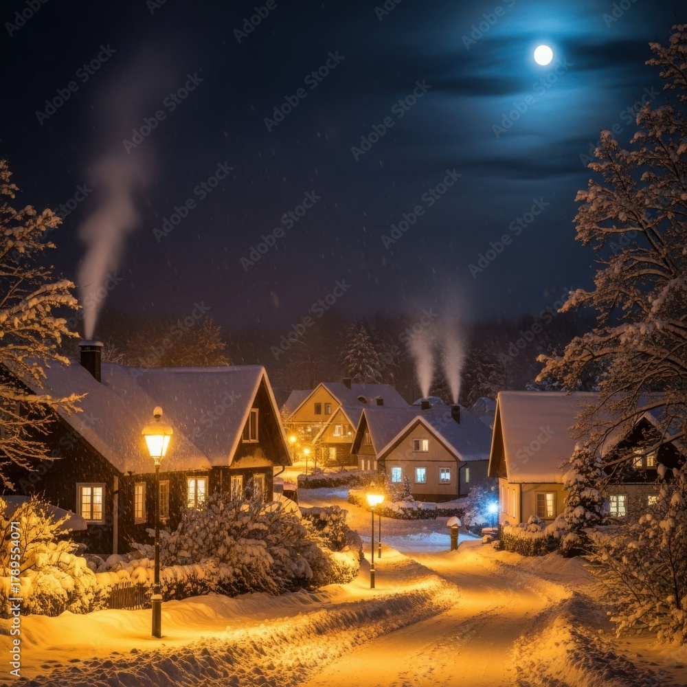 Obraz premium A picturesque winter village scene under a full moon with snowcovered houses and trees