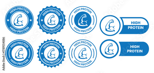 high protein food label emblem flat color vector illustration template design. high protein sign, logo, badge, icon, sticker, label, emblem, stamp, symbol, black, line, flat vector.