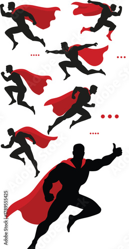 Superhero silhouette vector illustration with dynamic flying and running poses, red cape action design concept, strength, power, bravery, and courage symbol