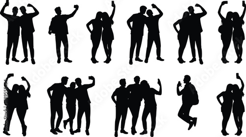 Silhouette people taking selfies, friends posing together with smartphone, modern lifestyle, social media trend vector illustration for communication, connection and friendship concept design