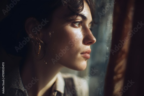 Woman gazes through textured window with contemplative expression, lost in thought