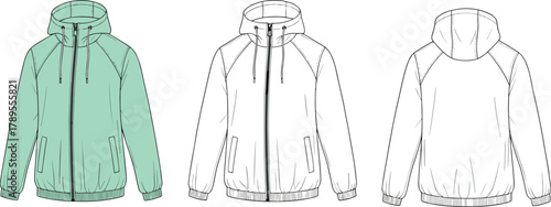 Technical flat sketch of unisex hooded jacket, front and back views, vector fashion illustration, casual outerwear design template, clothing drawing, white background