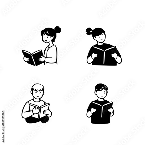 Four Simple Icons: People Reading Books - Solid Bl