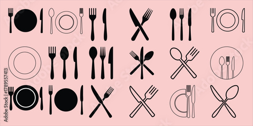 Collection of Flat Icons Representing Cutlery, Plates, and Dining Arrangements