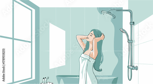 Serene Shower Scene Woman Enjoying a Refreshing Morning Wash