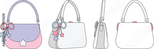 Stylish pastel handbag collection with bow and star charm accessories, cute feminine purse design front side view, CAD drawing flat vector illustration