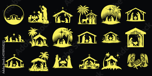 Collection of Yellow Nativity Scene Silhouettes on Black Background