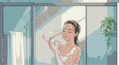 Serene Illustration of a Young Woman Enjoying a Relaxing Morning Shower, Embracing Self-Care and Personal Hygiene in a Modern Bathroom Environment