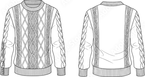 Cable knit sweater technical flat sketch vector illustration with detailed diamond pattern, ribbed trim, front and back view for luxury knitwear apparel design.