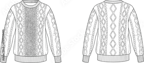 Cable knit sweater technical flat sketch vector illustration with central textured panel, diamond pattern, ribbed trim, front and back for luxury knitwear design.