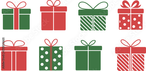 Red and green Christmas gift boxes with ribbons and bows, festive holiday presents, flat vector illustration for winter celebration design