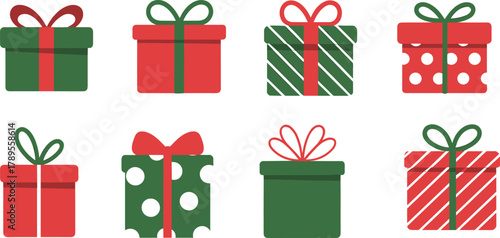 Red and green Christmas gift boxes with ribbons and bows, festive holiday presents, flat vector illustration for winter celebration design