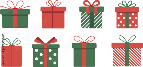 Red and green Christmas gift boxes with ribbons and bows, festive holiday presents, flat vector illustration for winter celebration design