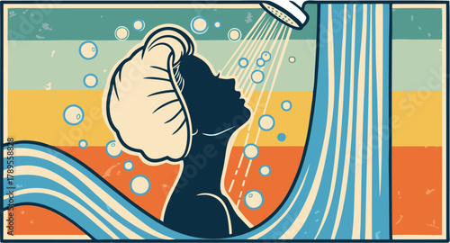 Retro Serenity Woman Showering in Vintage Style with Water Bubbles