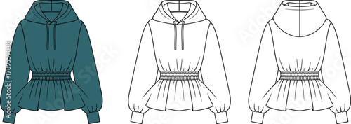 Trendy peplum hoodie sweatshirt with elastic waist and long sleeves, fashion flat sketch for women apparel design, cad drawing flat vector illustration