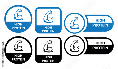 high protein food label emblem flat color vector illustration template design. high protein sign, logo, badge, icon, sticker, label, emblem, stamp, symbol, black, line, flat vector.