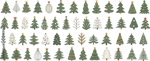 Christmas tree icon set, festive holiday decoration, stylized pine illustration, abstract seasonal design, ornamented evergreen vector, winter celebration graphic