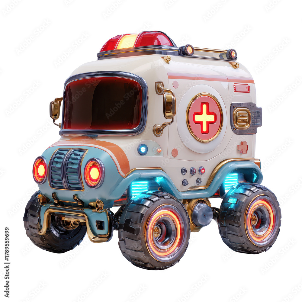 Fototapeta premium Stylized 3D monster truck ambulance vehicle with glowing lights and large rugged wheels