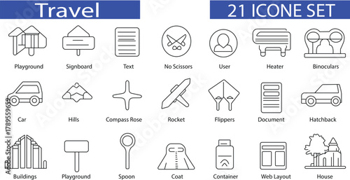 Travel, Vacation, and Transportation Outline Icons Set for Tourism and Leisure Activities.