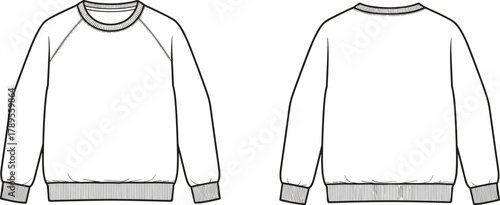Basic raglan sleeve crew neck sweatshirt vector outline illustration with ribbed cuffs and hem, front and back technical CAD fashion flat sketch for apparel design.