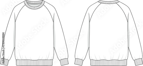 Basic raglan sleeve crew neck sweatshirt vector outline illustration with ribbed cuffs and hem, front and back technical CAD fashion flat sketch for apparel design template.