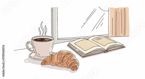 Simple hand-drawn illustration depicting a serene breakfast setting with steaming coffee, a golden croissant, and a captivating book next to a window