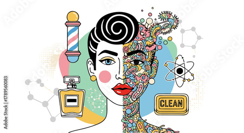 The duality of beauty blending science and style in cosmetics and personal care illustration