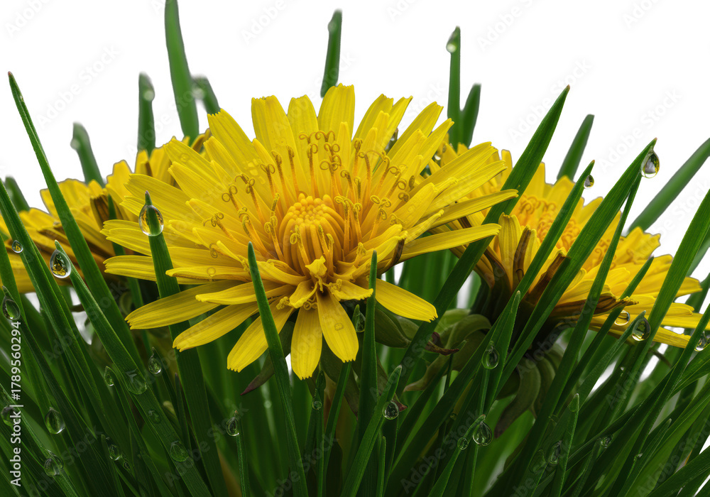 Fototapeta premium Extreme macro close-up of vibrant yellow dandelion, golden pollen, glistening dewdrops on emerald grass, dramatic backlighting, transparent, concept of nature's microcosm