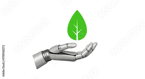 Innovative robot hand gently cradles vibrant green leaf symbolizing future sustainability and technological growth