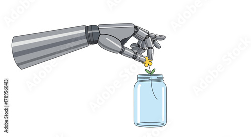 Robotic arm delicately placing a yellow flower into a glass jar, symbolizing technology and nature coexisting peacefully for a sustainable future