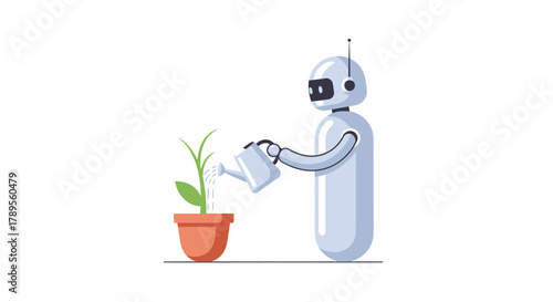 Caring robot watering a plant, nurturing growth and symbolizing technology's role in environmental sustainability and future innovations