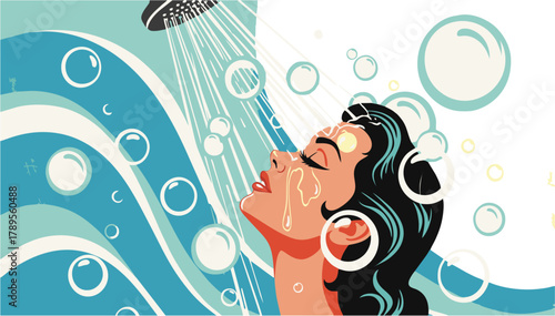 Beautiful woman enjoying a refreshing and cleansing shower with water streaming down her face, surrounded by stylized bubbles and waves in a retro vector illustration