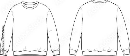 Basic crew neck sweatshirt technical flat sketch vector illustration with set-in sleeves, ribbed cuffs and hem, front and back view for casual apparel design template.