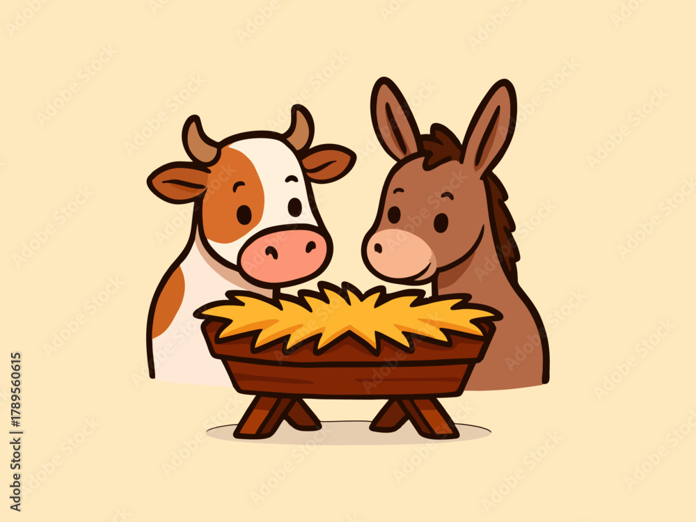 Fototapeta premium The Cow and the Donkey Peeking at the Trough.