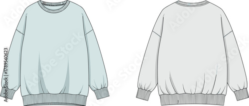 Oversized relaxed fit sweatshirt with dropped shoulders, crew neckline, thick ribbed cuffs and hem, front and back technical CAD fashion flat sketch vector illustration.