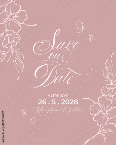 Simple and minimalist save the date wedding invitation card with pink background