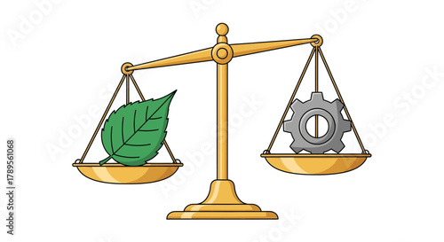 Balancing nature and industry for a sustainable future shows a leaf versus a gear on a scales, illustrating environmental responsibility and innovation