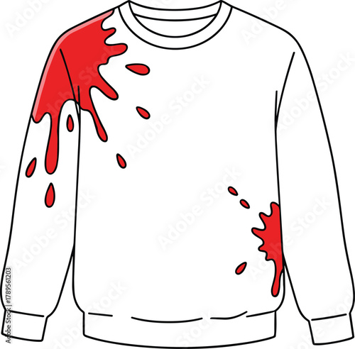 White crew neck sweatshirt illustration with red splatter stains, blood dripping, graphic vector art for Halloween horror design, cartoon crime scene concept, novelty item.