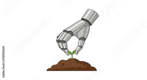 Robotic hand gently planting a small seedling in soil, showcasing technology's role in environmental sustainability and future farming practices