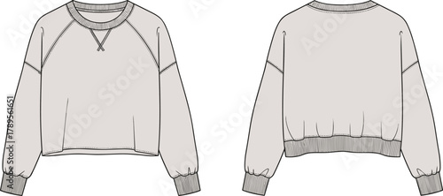 Raglan sleeve cropped oversized sweatshirt with crew neck, ribbed cuffs and hem, front and back technical CAD fashion flat sketch vector illustration for stylish apparel design.