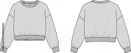 Cropped relaxed fit drop shoulder sweatshirt with ribbed cuffs and hem, front and back technical CAD fashion flat sketch vector illustration for apparel design, minimal, stylish, casual.