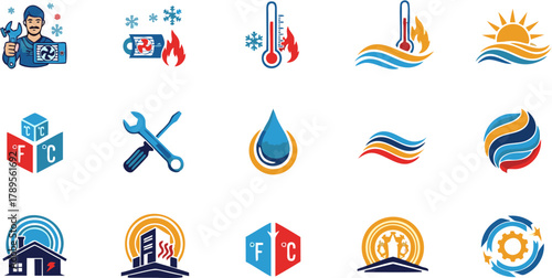 Comprehensive Collection of HVAC and Climate Control Service Icons Showcasing Heating, Cooling, Repair, and Energy Solutions for Modern Home and Business Systems