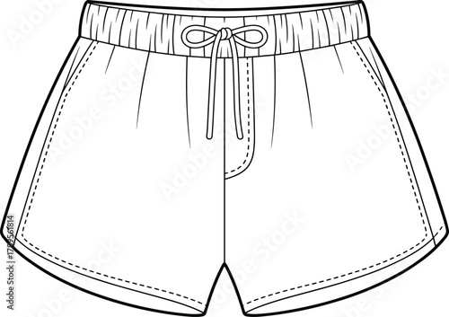CAD drawing flat vector illustration of elastic waistband drawstring women’s shorts with side pockets front view fashion technical sketch