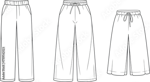 CAD drawing flat vector illustration of wide leg pants with elastic waistband drawstring pockets front view technical fashion sketch