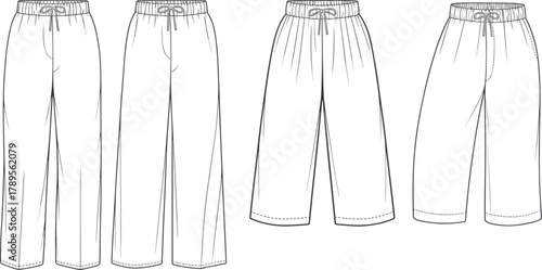 CAD drawing flat vector illustration of women’s loose fit pants with elastic waistband drawstring casual comfortable front view sketch