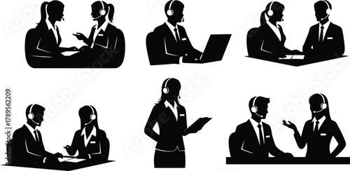 Call center teamwork, customer support communication, business people with headsets, professional telecommunication service, office collaboration, client assistance, corporate discussion, technology