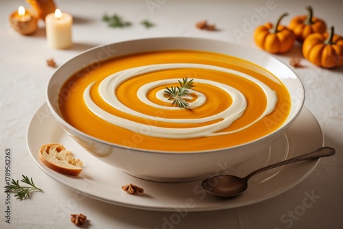 Kürbissuppe mit Sahne und Kräutern kunstvoll serviert auf weißem Hintergrund