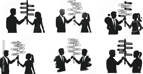 Career choice decision making, business teamwork discussion, education path options, students at crossroads, future planning concept, academic direction, professional opportunities, guidance